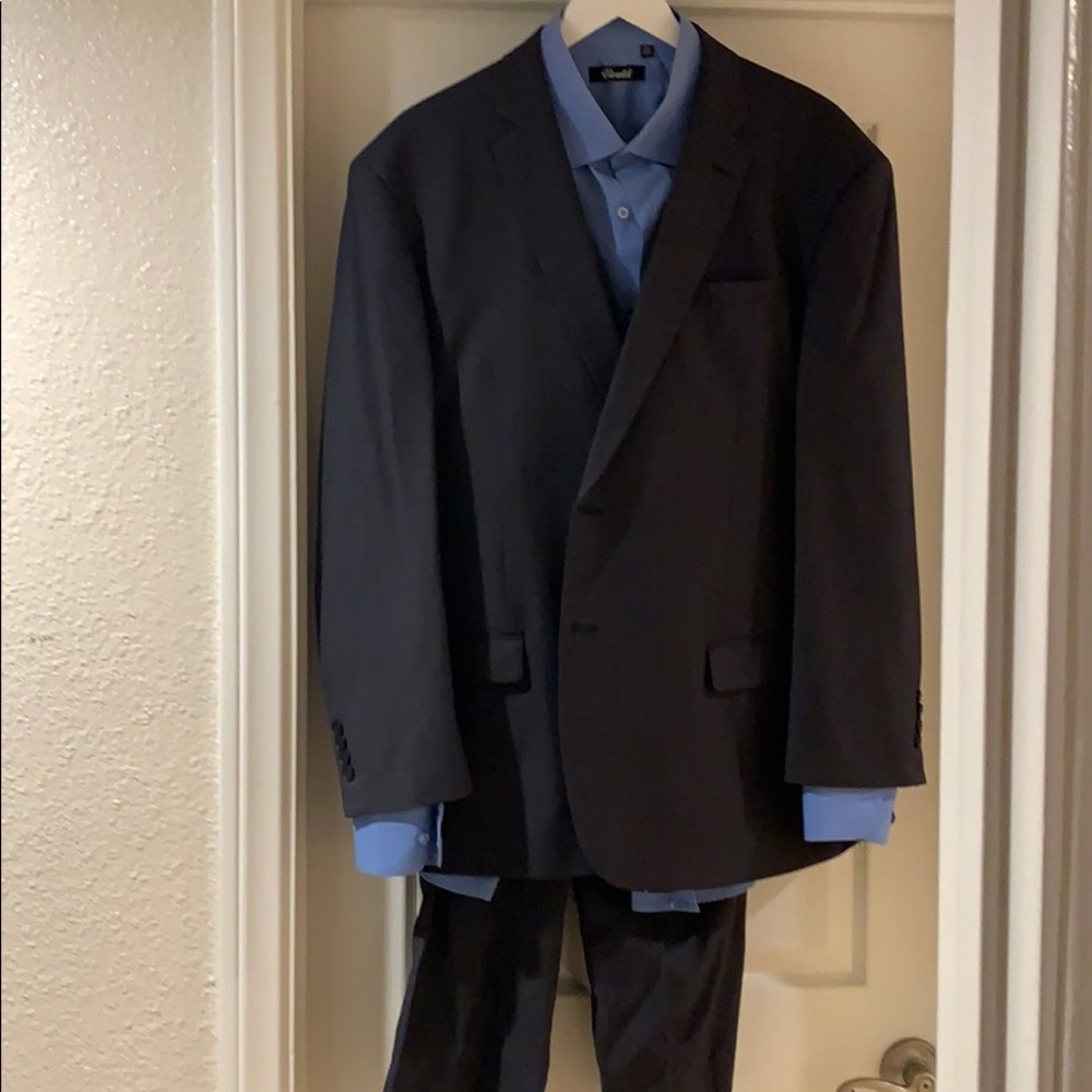 Rossini charcoal tux with light blue shirt.